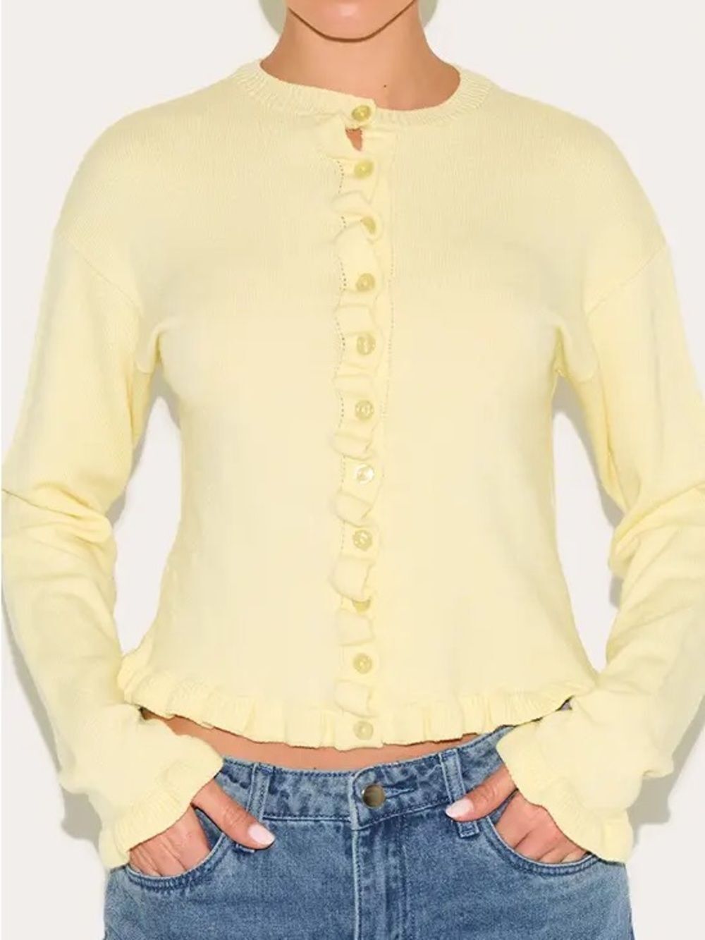PrettyLittleThing Pale Yellow Ruffle-Trim Button Cardigan XS